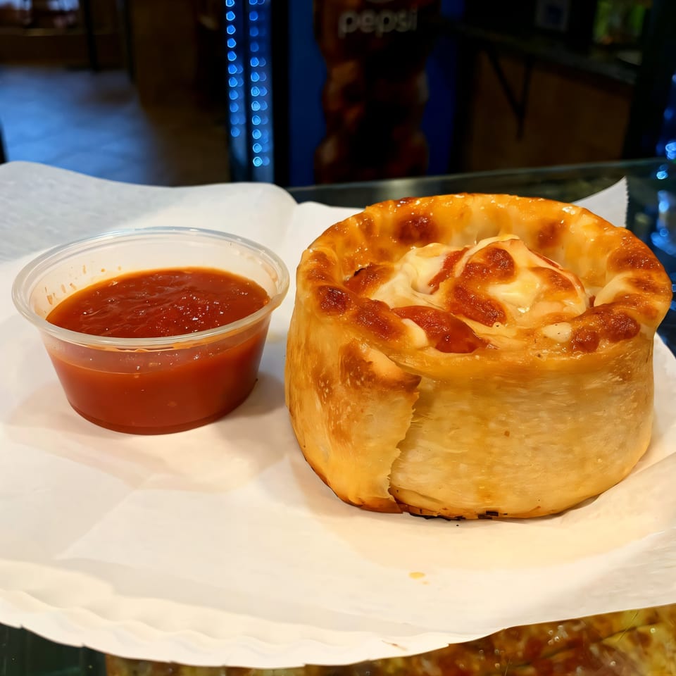 A golden-brown Via Roma Pizza deep-dish pizza with melted cheese, next to a container of red sauce.