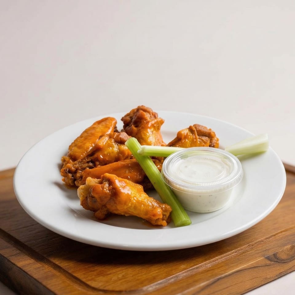 Via Roma Pizza's buffalo wings with celery sticks and a side of ranch dressing on a white plate.