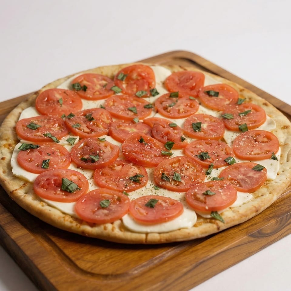 Via Roma Pizza's Margherita pizza with sliced tomatoes, fresh mozzarella, and basil on a wooden board.