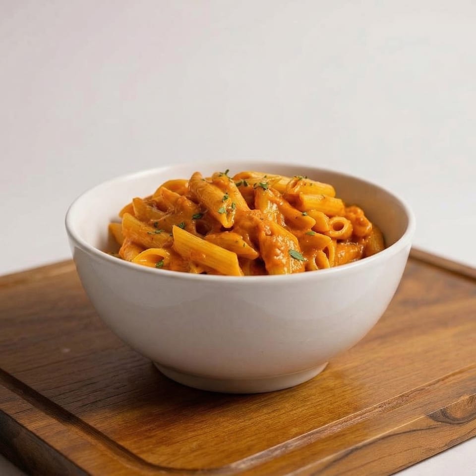 A white bowl filled with penne pasta in a creamy orange sauce, garnished with herbs, on a wooden board.